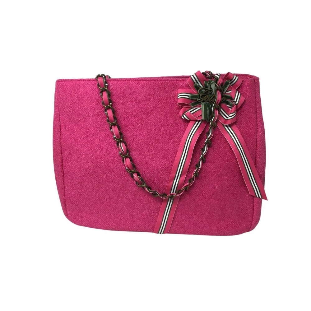 Goldie Limited Edition 4 Hot Pink Textured Tote Bag Chain Strap Ribbon Detail